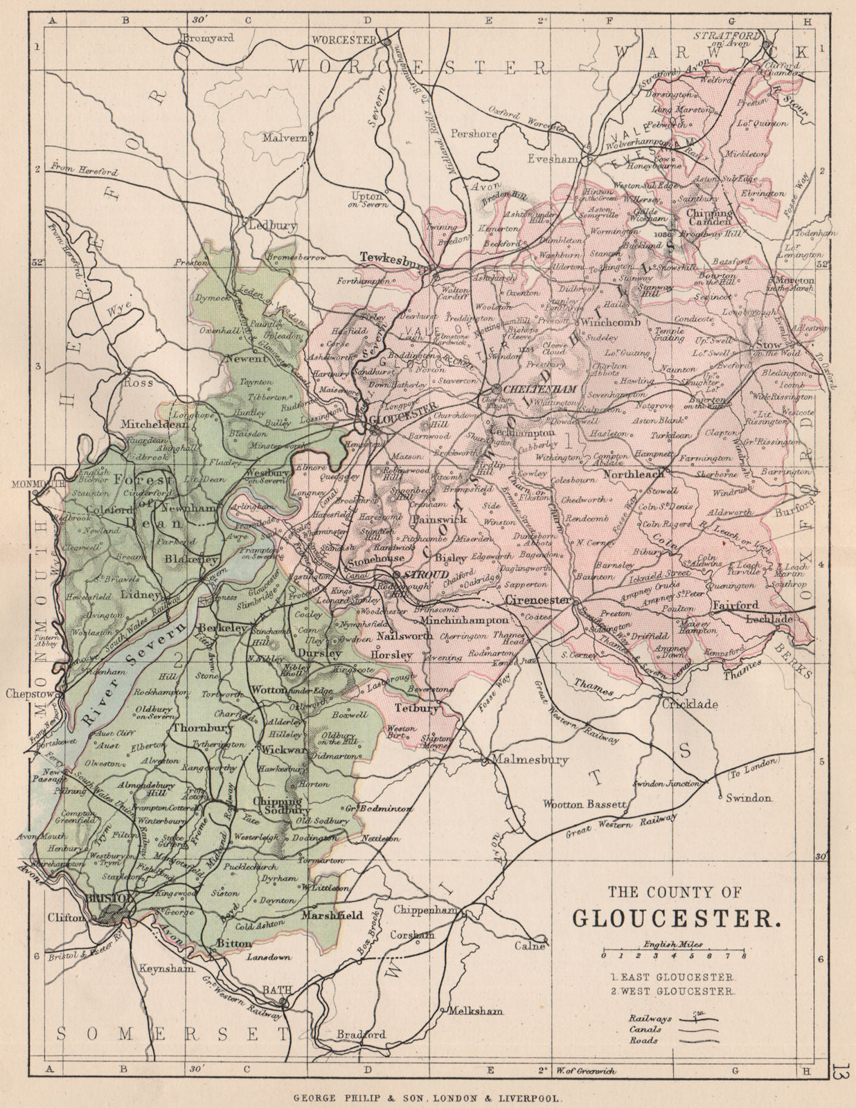 GLOUCESTERSHIRE. County map. Railways canals. Constituencies. PHILIP 1882
